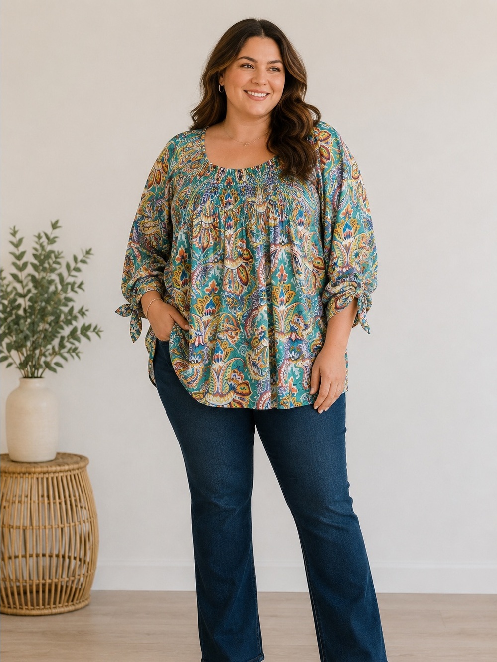 Kim‎ Parrish Collection 2X Tunic Top Teal Paisley Floral Boho Smocked Artsy